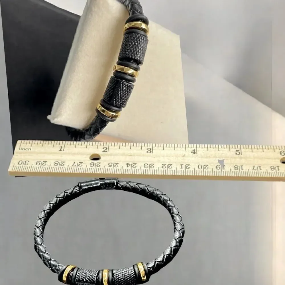 Men’s Leather Bracelet l Braided Beaded w/ Gold Accent l Magnetic Closure l New